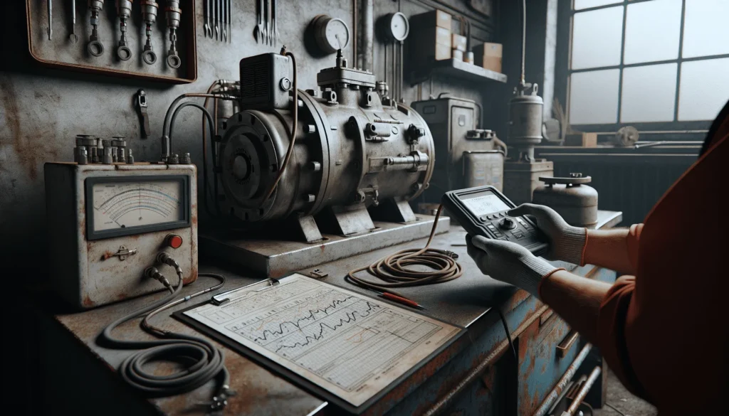 A technician monitoring fuel pump vibration at a terminal using a portable analyzer to prevent equipment damage.