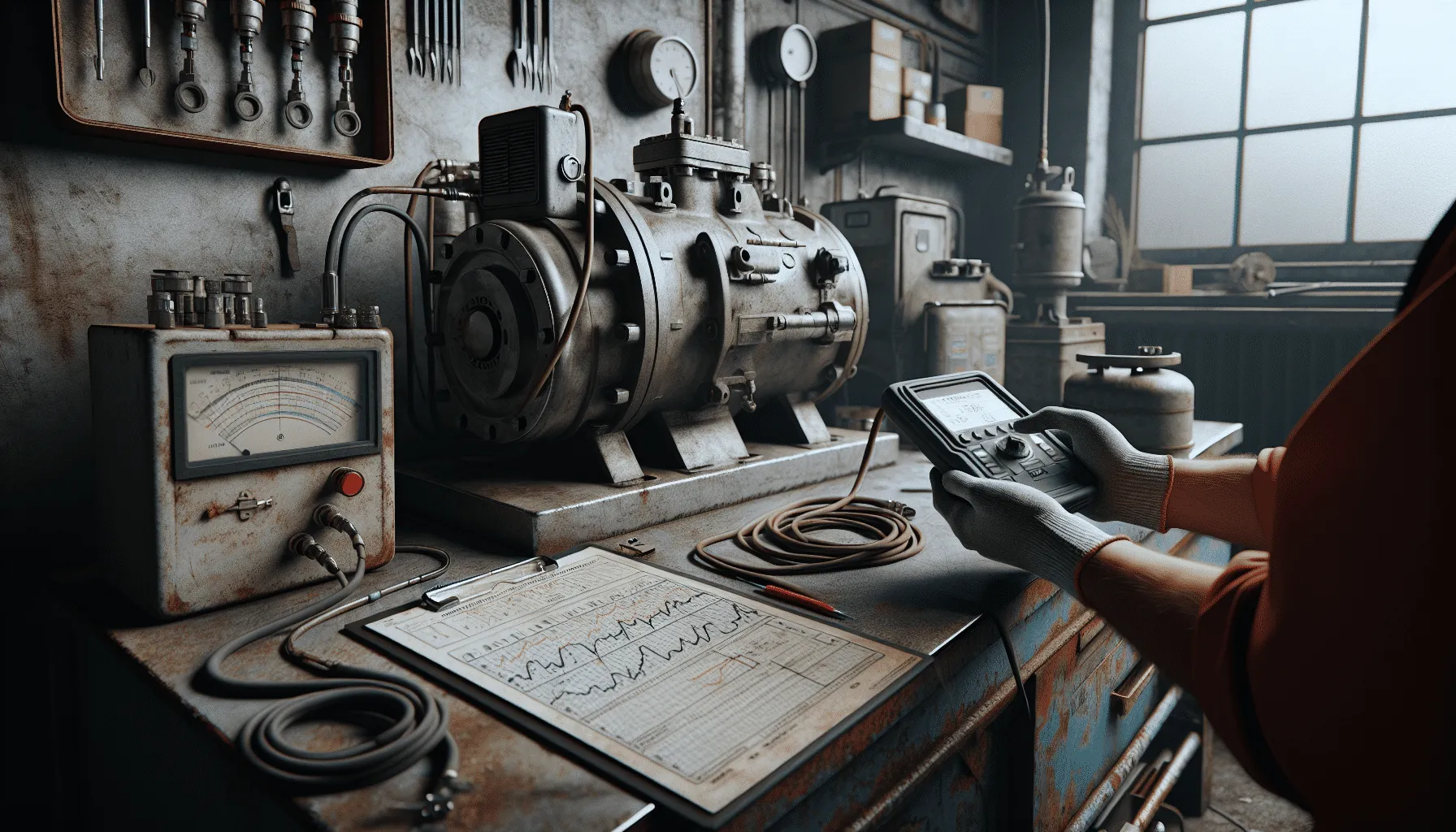 A technician monitoring fuel pump vibration at a terminal using a portable analyzer to prevent equipment damage.