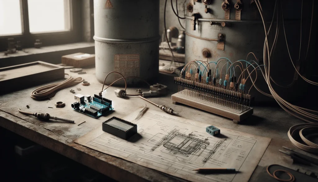 Arduino and temperature sensors monitoring a fuel storage tank on a technician's workbench with technical schematics.