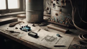 Arduino and temperature sensors monitoring a fuel storage tank on a technician's workbench with technical schematics.
