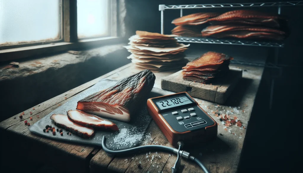 A digital salinity meter on a weathered board next to smoked meat with a rich crust in a professional production workspace.