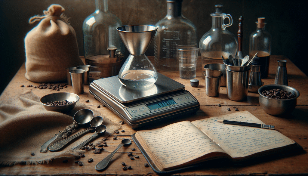 Beverage preparation station with scale, volumetric flask, and recipe book, showing precise water content control for flavor optimization.