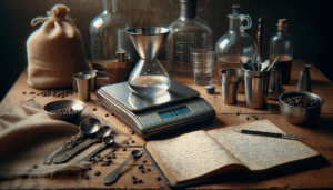 Beverage preparation station with scale, volumetric flask, and recipe book, showing precise water content control for flavor optimization.