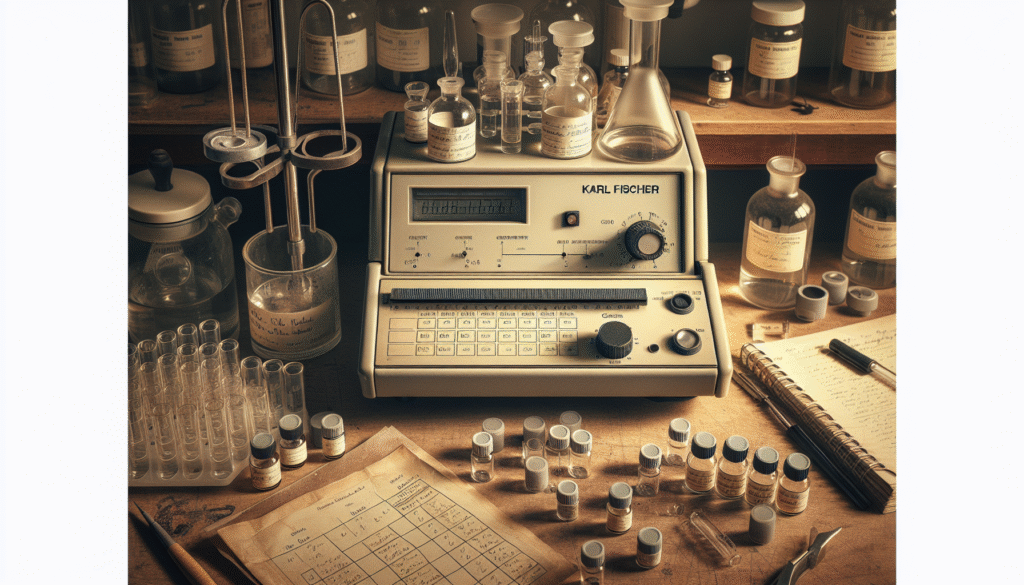 Alat pengukur kadar air Karl Fischer Titrator dengan sampel farmasi dan kosmetik di lab.