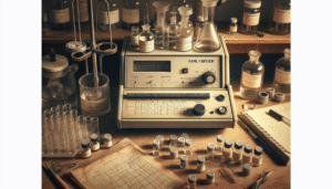 Alat pengukur kadar air Karl Fischer Titrator dengan sampel farmasi dan kosmetik di lab.