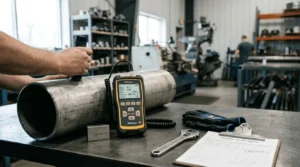 Portable hardness tester mengukur kekerasan pipa logam di bengkel industri dengan layar digital dan alat kalibrasi.