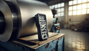 Robust coating thickness meter on a textured metal surface, essential for metal quality control.