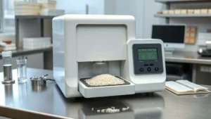Rice whiteness tester on stainless steel lab bench with polished rice sample tray, calibration standards, and handwritten measurement data for ISO 17025 accreditation preparation.