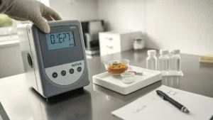 Laboratory technician places sample cup into digital water activity meter on stainless steel bench, with food and pharmaceutical samples nearby, for QC testing at 0527 aw.