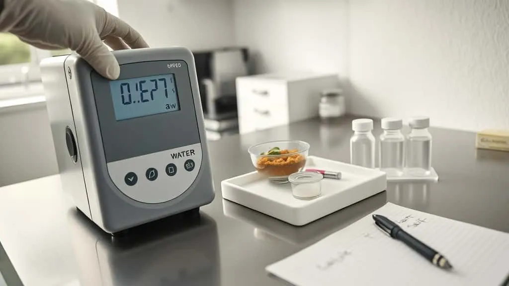 Laboratory technician places sample cup into digital water activity meter on stainless steel bench, with food and pharmaceutical samples nearby, for QC testing at 0527 aw.