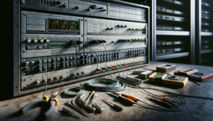 A worn technical control panel with BACnet modules and environmental sensors for data center BMS integration monitoring.