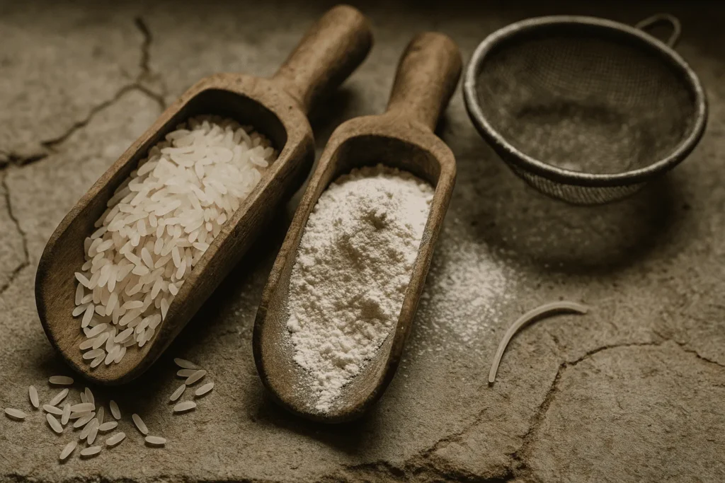 Aged wooden scoops holding raw rice grains beside rice flour and a broken bihun noodle on a worn stone surface, illustrating beras quality for tepung and bihun.