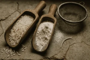 Aged wooden scoops holding raw rice grains beside rice flour and a broken bihun noodle on a worn stone surface, illustrating beras quality for tepung and bihun.
