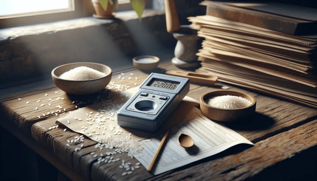 Rice whiteness meter on wooden desk with glass dish of raw white rice grains and weathered calibration plate in documentary photography style for beras ekspor kecerahan standar.