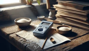 Rice whiteness meter on wooden desk with glass dish of raw white rice grains and weathered calibration plate in documentary photography style for beras ekspor kecerahan standar.