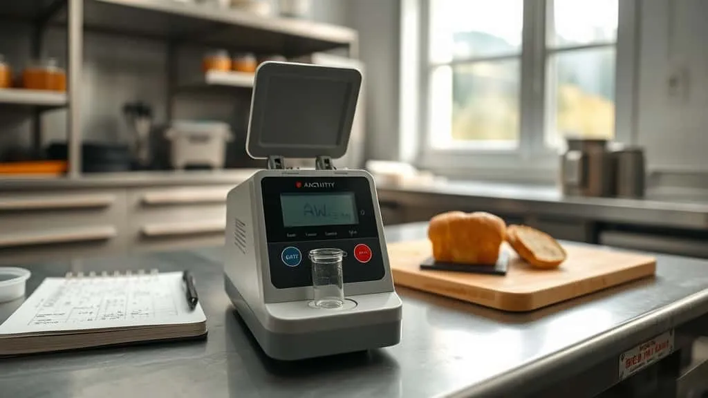 Digital water activity meter on lab bench with bread slices and cake, measuring moisture for bakery food safety and quality control.