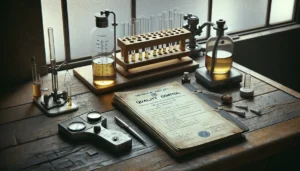 Close-up of a laboratory notebook and testing equipment for verifying viscosity and fat content on a COA document.