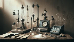 Three professional salt measurement tools—a digital salt meter, glass titration setup, and analog refractometer—arranged on a laboratory table for comparing methods to measure salt content.