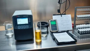 Perangkat photometer dan ion meter di laboratorium untuk uji sianida tambang emas.