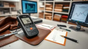 Moisture meter profesional di lantai produksi garmen dan alas kaki untuk kontrol kualitas material.
