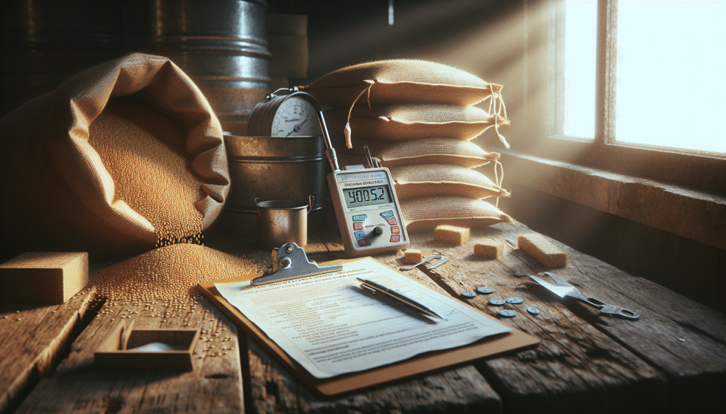 Moisture meter for animal feed on a wooden table next to grain sacks, with SOP checklist and SNI standard visible, in an agricultural warehouse setting.