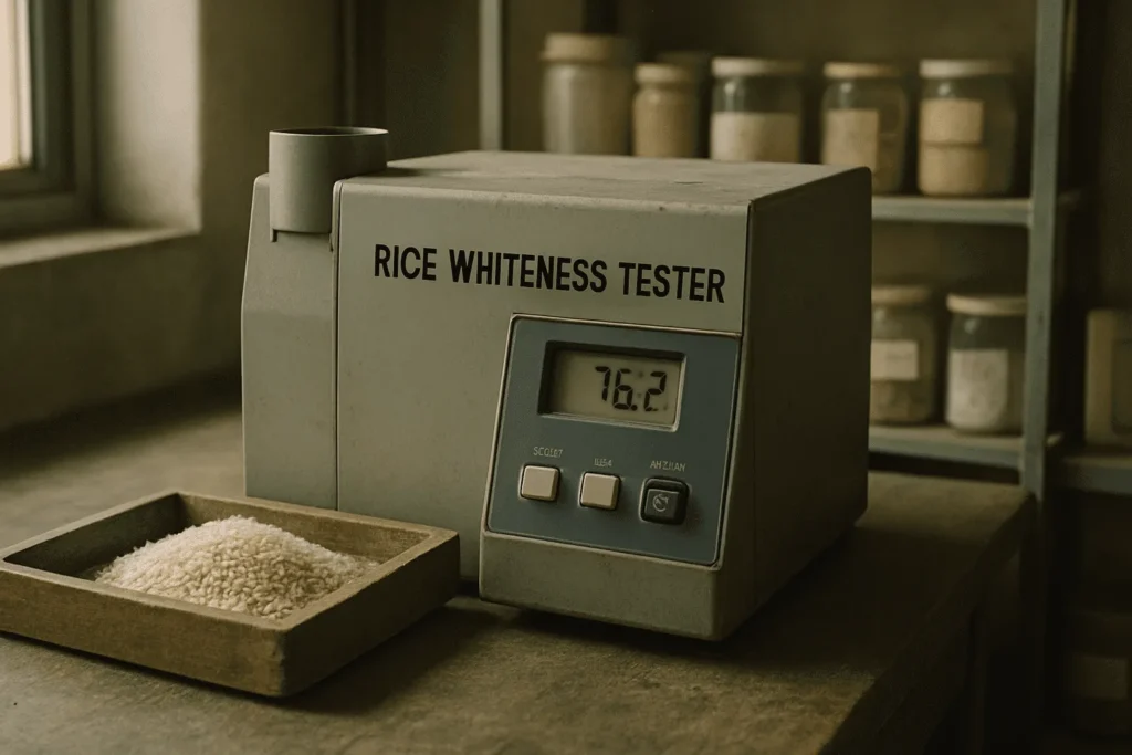 Sebuah rice whiteness tester skala menengah-besar di atas meja kerja, dengan sampel beras dan tampilan digital yang stabil