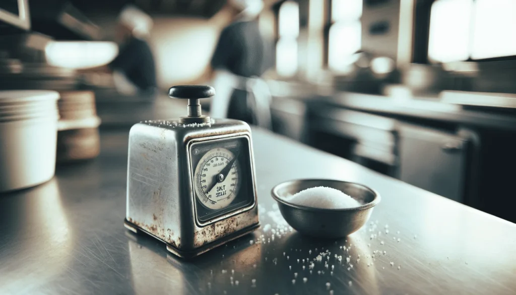 A well-used salt meter on a stainless steel countertop in a busy commercial kitchen, essential for checking salinity with accuracy and durability.