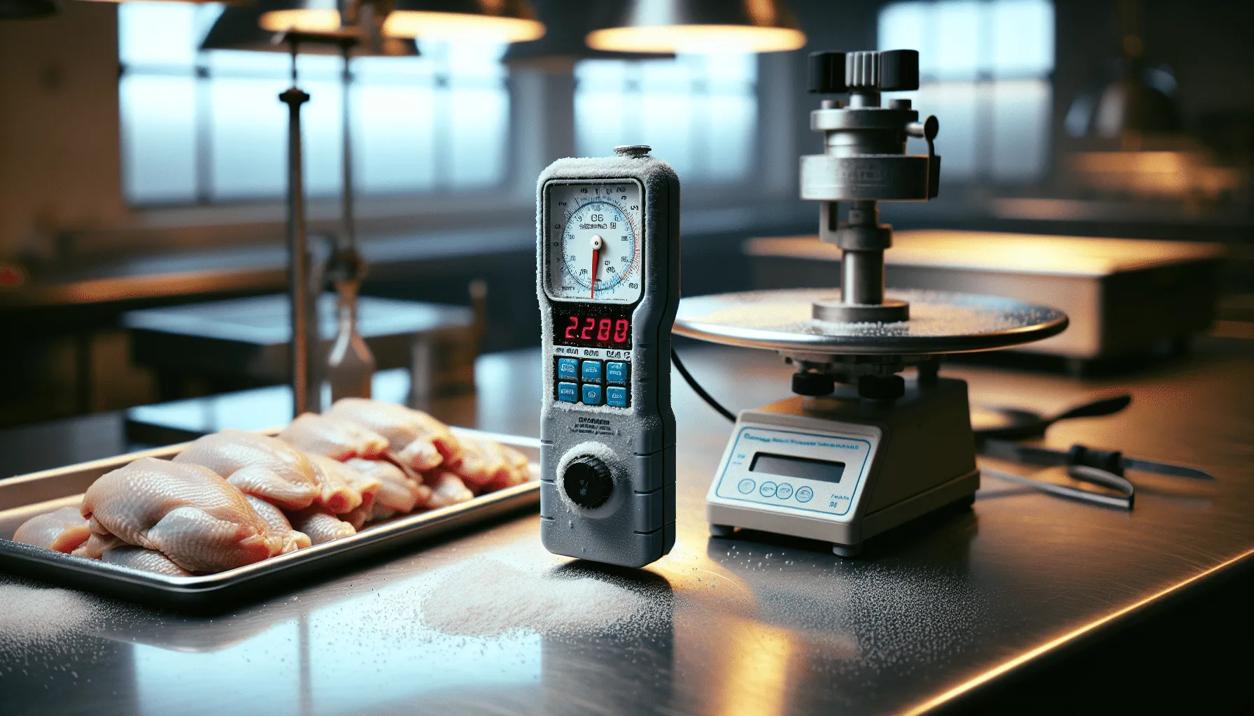 Salt meter with IP65 rating on stainless steel surface measuring salinity of raw chicken in a poultry processing facility.