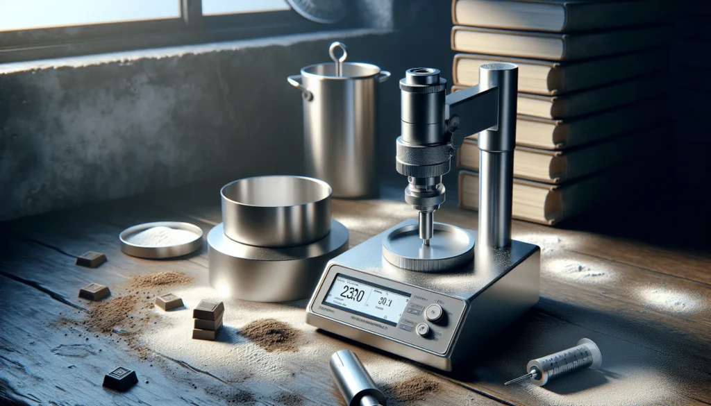A bakery QC workspace comparing a modern digital rotational viscometer and a traditional aluminum flow cup for testing liquid cake batter viscosity.