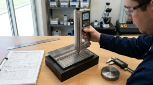 Pengujian titik ukur kekerasan las & HAZ menggunakan tester portabel dengan grid 45 titik di laboratorium.