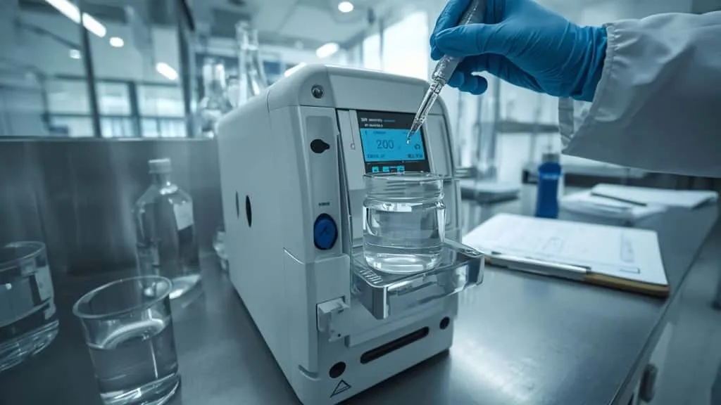 Teknisi memegang pipet mengisi sel sampel turbidimeter untuk uji kekeruhan air AMDK di laboratorium kualitas air yang bersih, dengan botol sampel dan layar digital di sekitarnya.