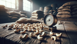 Biji mete mentah dengan alat pengukur kelembapan di atas meja kayu, mengontrol kadar air untuk ekspor.