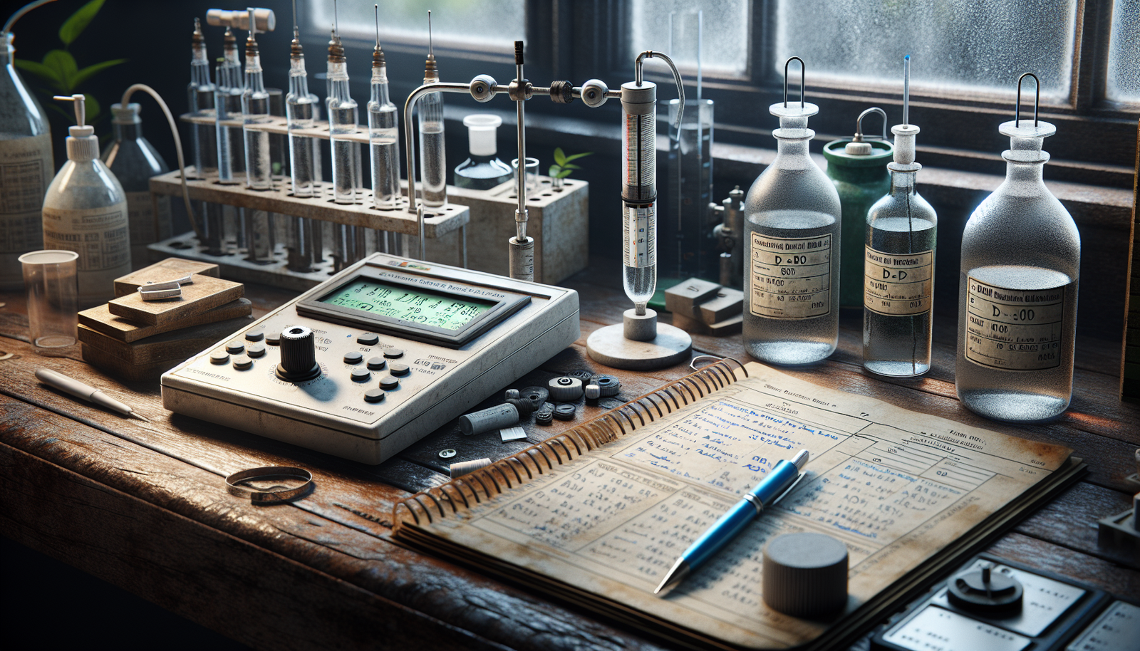 Dissolved oxygen meter and BOD bottles on a weathered lab bench for monitoring PDAM water quality.