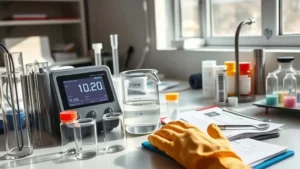 Teknisi tambang menggunakan alat ukur sianida portabel dengan gelas kimia dan data real-time untuk pemantauan parameter tambang di laboratorium.