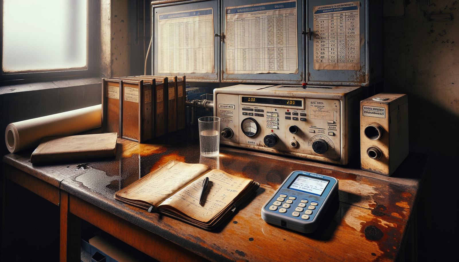 A worn laboratory notebook and portable BOD meter for analyzing data center wastewater in an authentic Indonesian environmental testing workspace.
