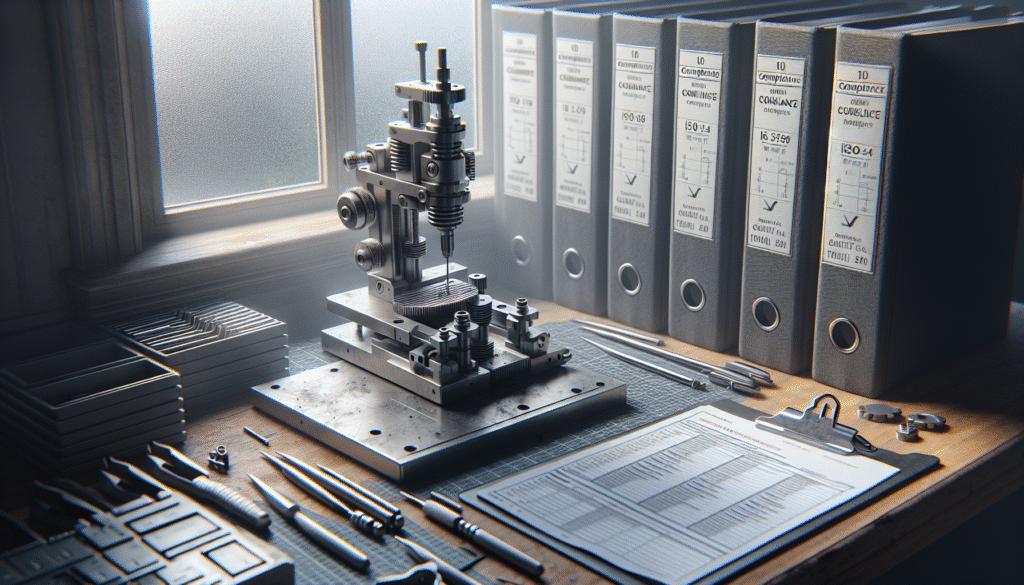 Meja kerja produksi alat medis dengan alat presisi, binder ISO 13485, dan checklist kendali mutu.