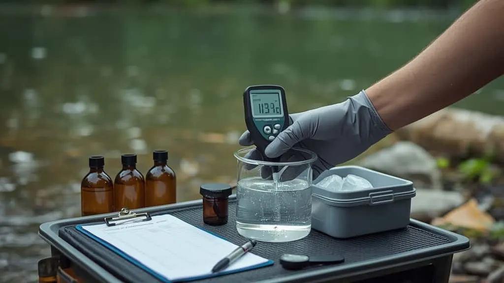 Teknisi PDAM melakukan sampling dan pengukuran DO/BOD di lokasi terpencil menggunakan alat portable di medan berat