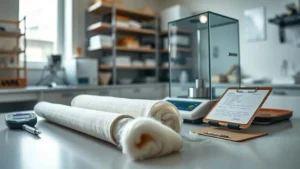 Natural cotton fiber being examined on analytical moisture balance in textile quality control lab, with clipboard data and testing equipment nearby, illustrating SNI, ISO, and ASTM moisture content standards.