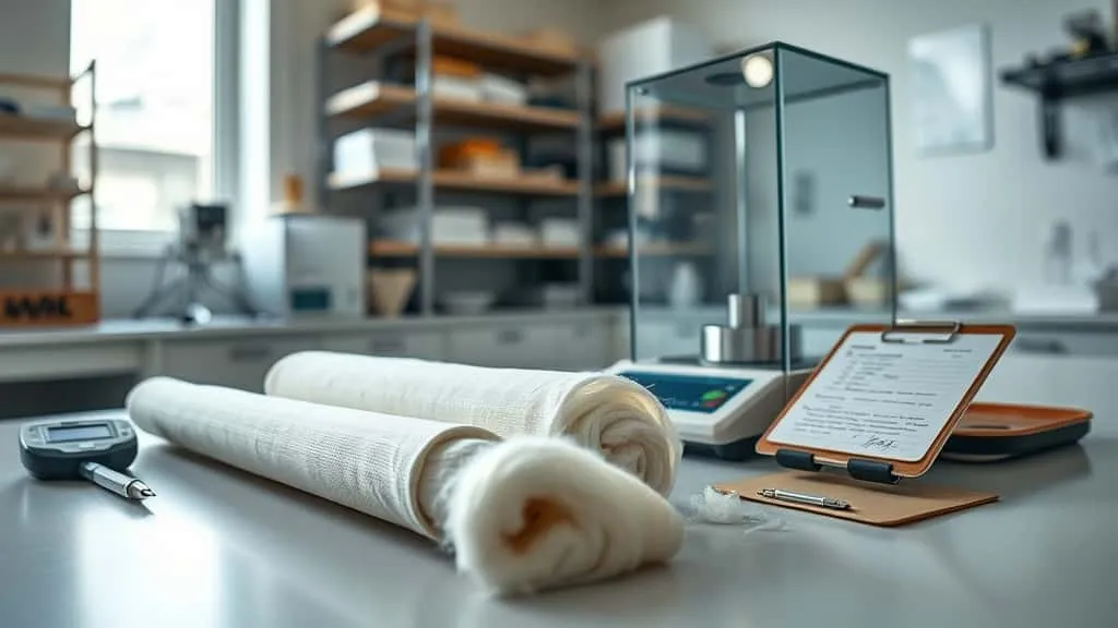Natural cotton fiber being examined on analytical moisture balance in textile quality control lab, with clipboard data and testing equipment nearby, illustrating SNI, ISO, and ASTM moisture content standards.