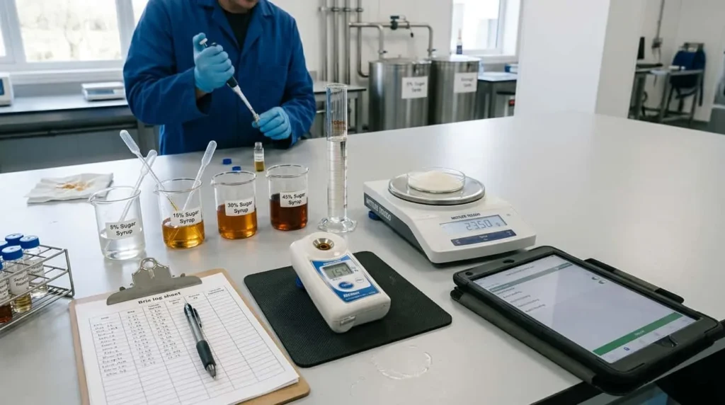 Manajer industri minuman memeriksa takaran gula dengan timbangan dan sampel minuman, menekankan konsistensi rasa
