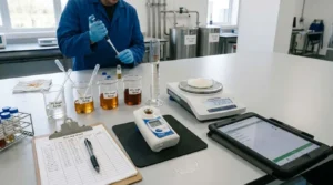 Manajer industri minuman memeriksa takaran gula dengan timbangan dan sampel minuman, menekankan konsistensi rasa