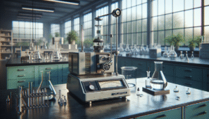 Karl Fischer titrator in a pharmaceutical QC lab, surrounded by glassware, reflecting real-world use.