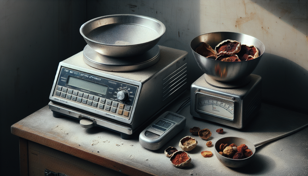 Close-up alat uji kadar air buah laboratorium untuk mutu agroindustri, dengan buah kering dan termometer.