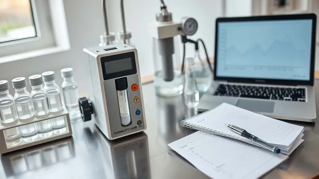 Turbidity meter mengukur kekeruhan sampel air jernih untuk deteksi dini masalah filtrasi AMDK.