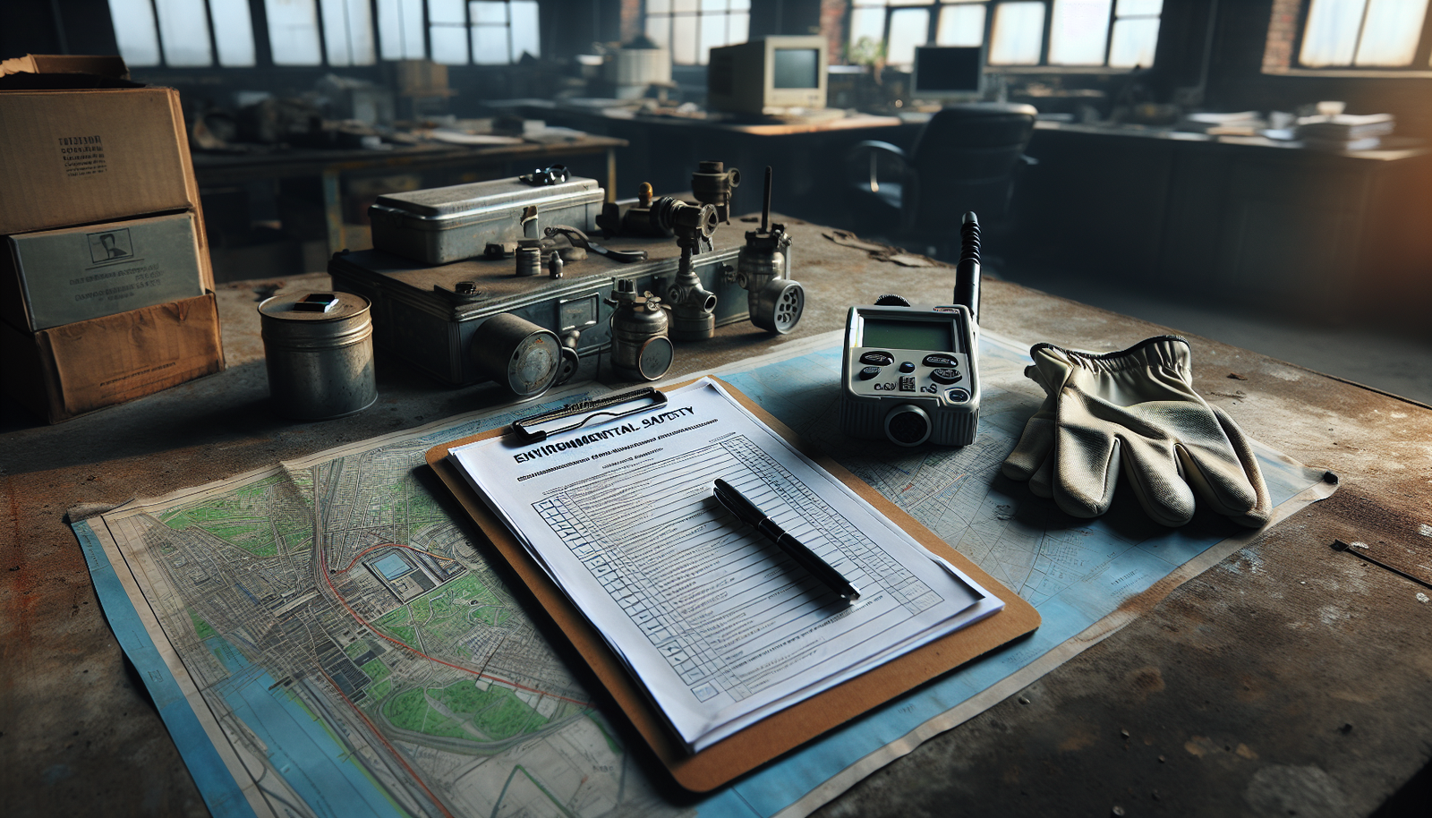 Weathered clipboard with environmental monitoring checklists and a handheld gas detector on a table, depicting professional post-chemical leak impact control and monitoring strategies.
