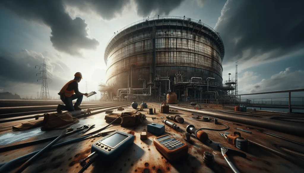 Close-up of technicians performing authentic maintenance and digital monitoring on a weathered industrial fuel storage tank in an Indonesian energy facility.
