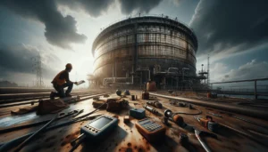 Close-up of technicians performing authentic maintenance and digital monitoring on a weathered industrial fuel storage tank in an Indonesian energy facility.