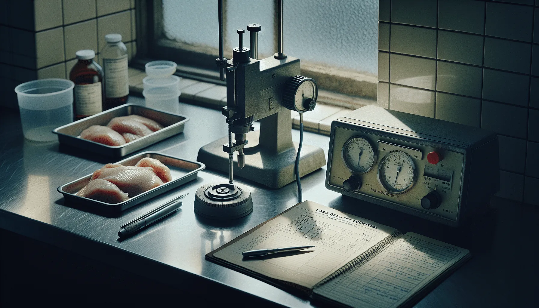 Close-up of salt meter and titration equipment on a lab bench for measuring salt content in processed chicken, with a sample dish and calibration certificate.