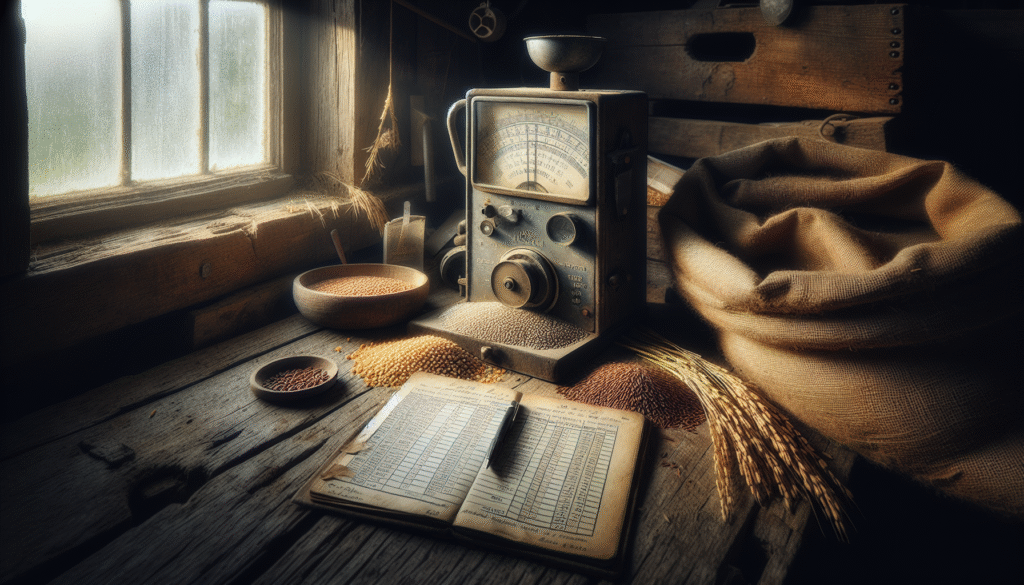 Close-up of traditional grain moisture meter and crop samples on a burlap sack, illustrating the influence of water content on agricultural nutrition and its control.