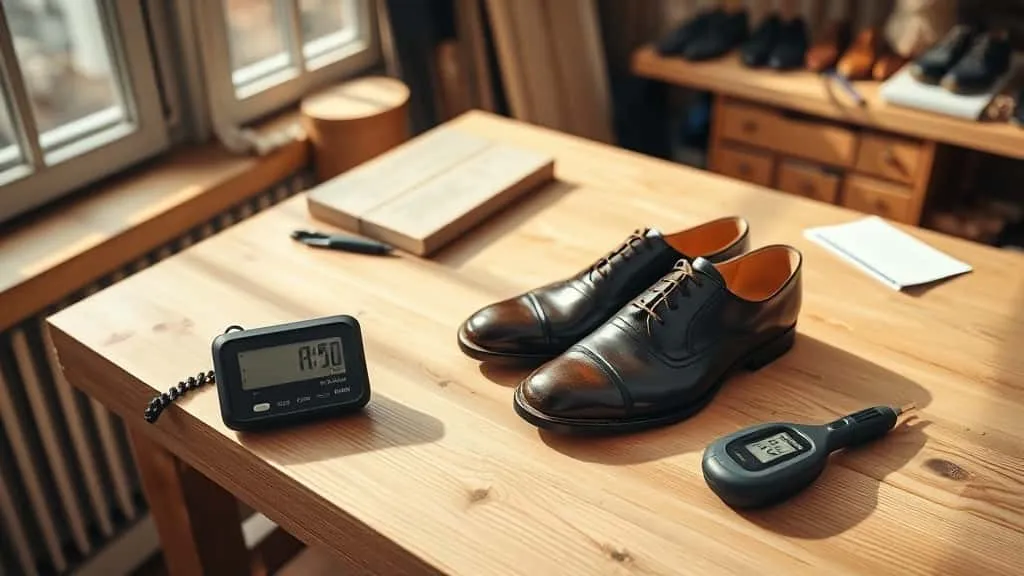 Sepatu kulit premium di meja kerja kayu dengan higrometer digital dan moisture meter Aqua-Boy PMII untuk memantau kelembaban sepatu